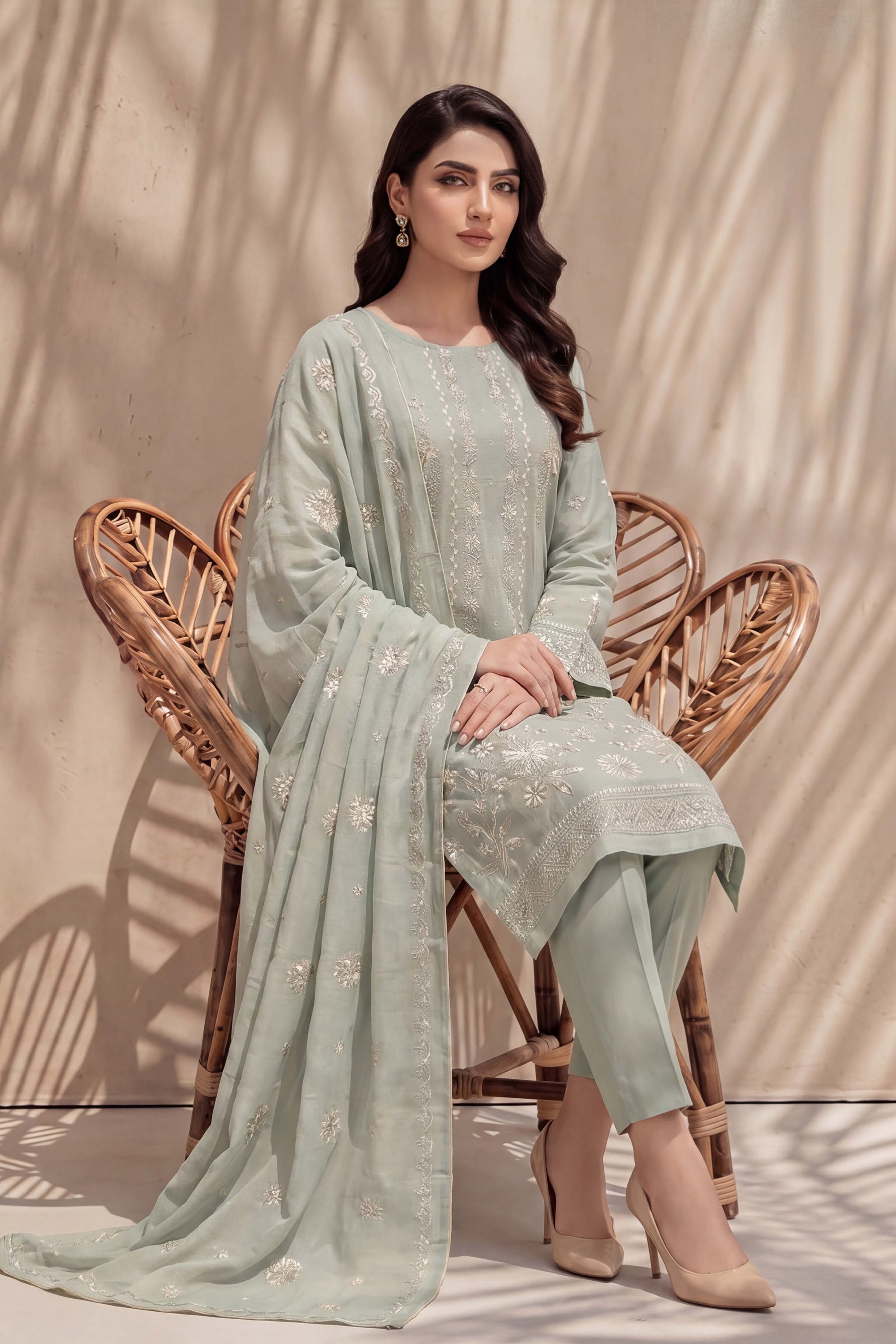 Parishey by Breeza Fashion - 3PC Unstitched Embroidered Lawn Suit (Pista)