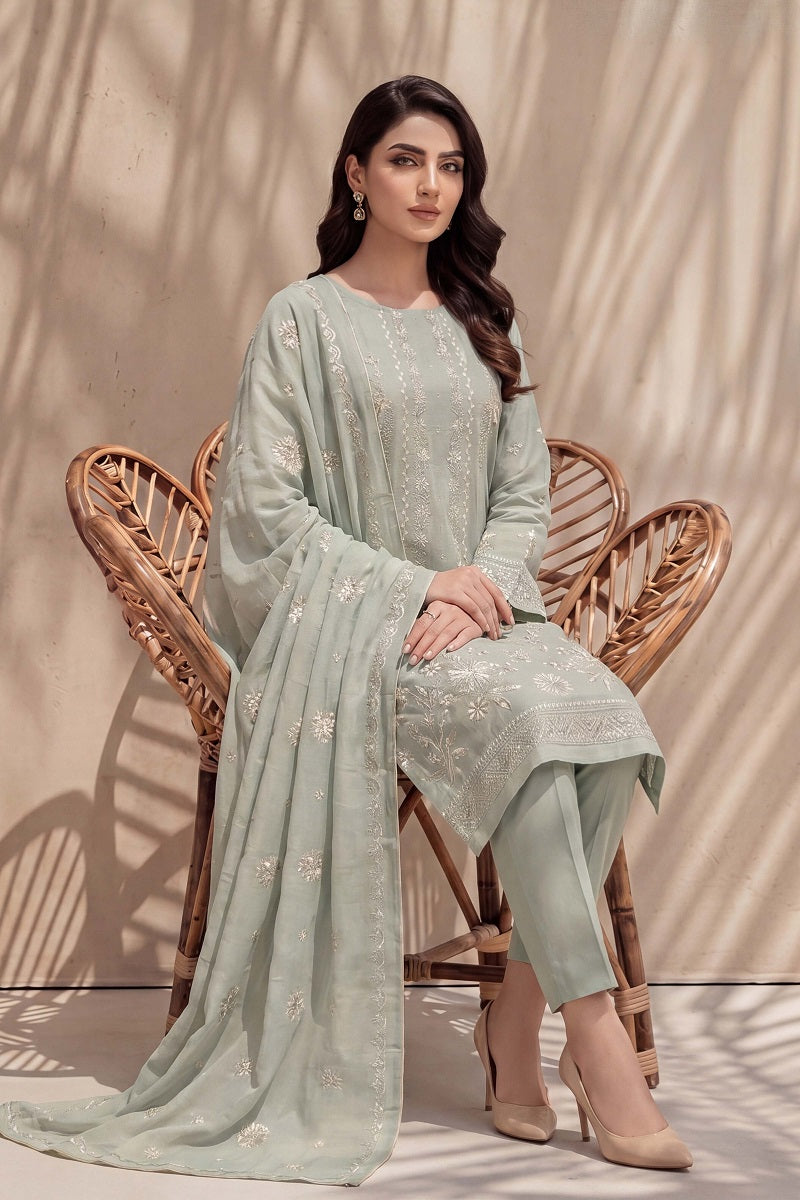 Parishey by Breeza Fashion - 3PC Unstitched Embroidered Lawn Suit (Pista)