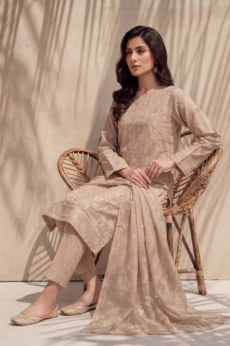 Parishey by Breeza Fashion - 3PC Unstitched Embroidered Lawn Suit (Beige)