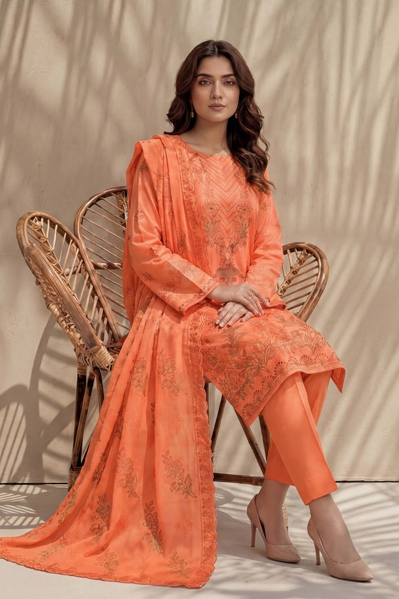 Parveen by Breeza Fashion - 3PC Unstitched Embroidered Lawn Suit (Orange)