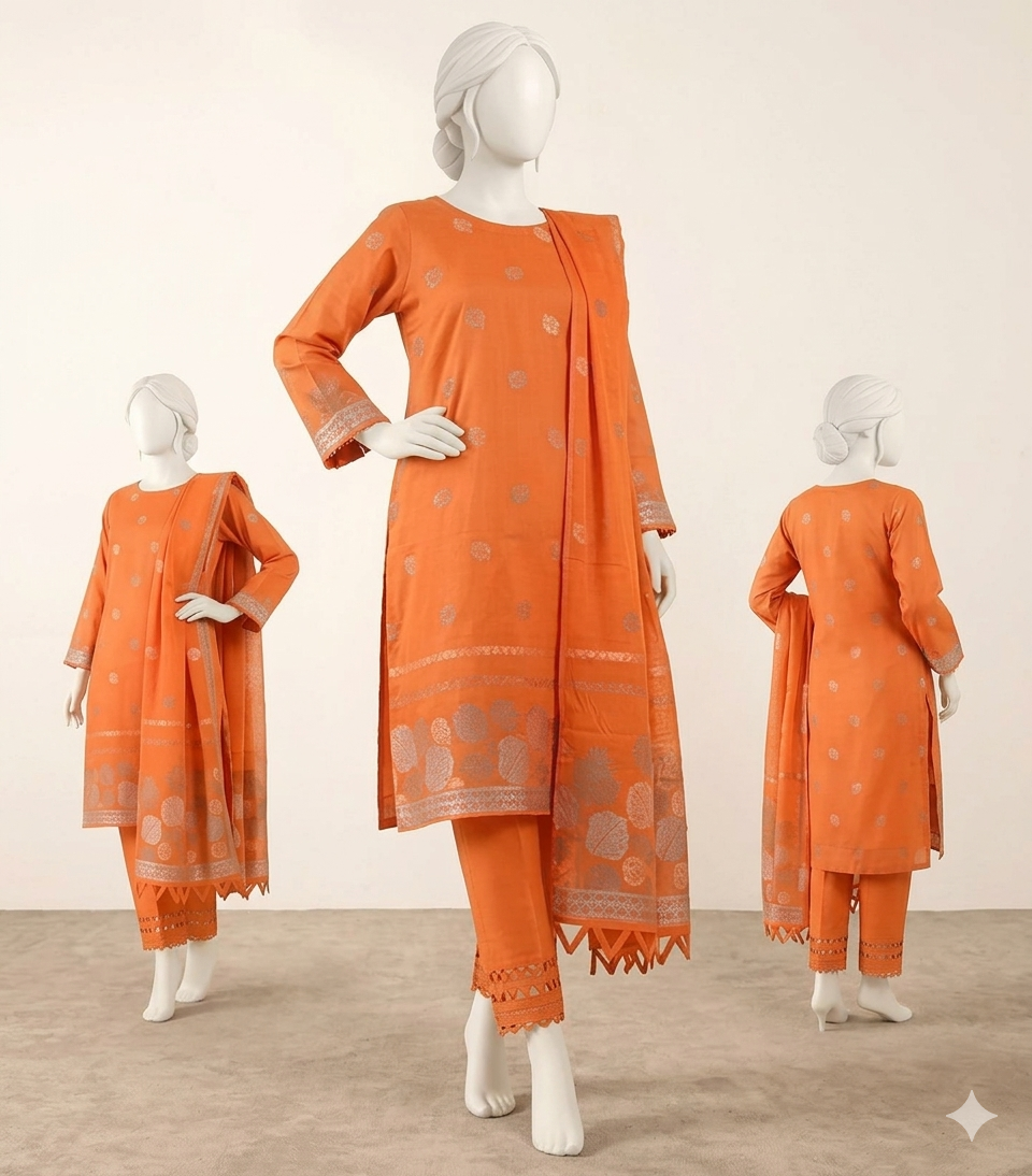 Almeerah-3PC-Unstitch Jacquard Lawn (Orange)