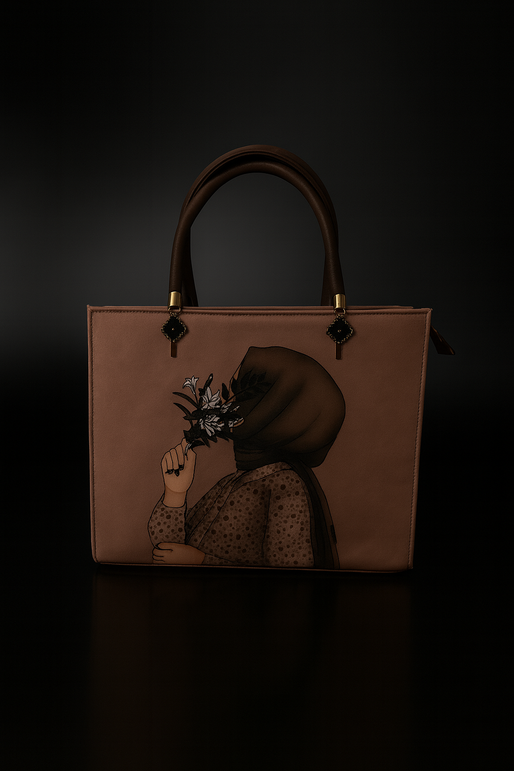lite Brown handbag with a printed design of a woman holding flowers on a dark background