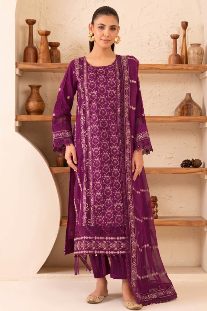 Reveuse By Johra - 3PC Unstitched Embroidered Lawn Suit (Purple)