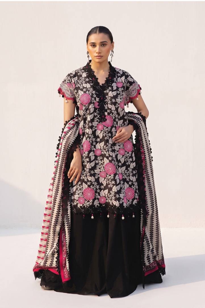 Sapphire Vol.5 - 3PC Unstitched Printed Lawn Suit (Jet Black & Vibrant Hot Pink)