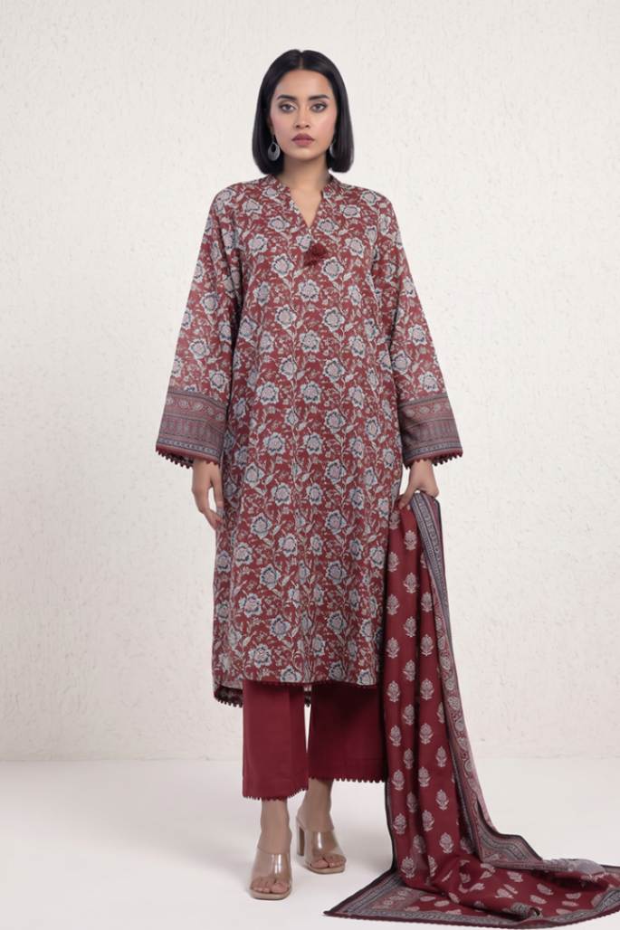 Sapphire Vol.5 - 3PC Unstitched Printed Lawn Suit (Maroon & Blue Grey)