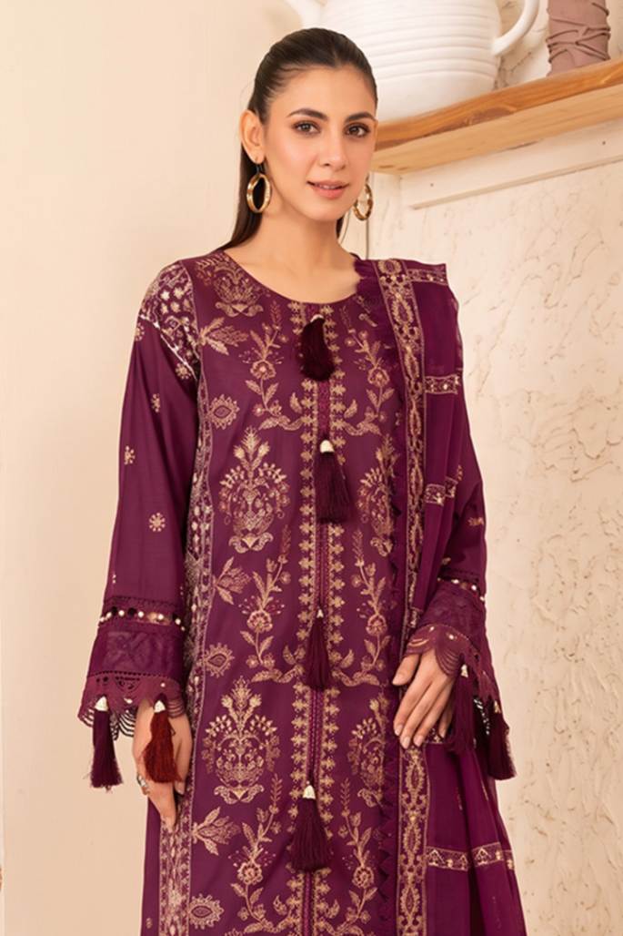Reveuse By Johra - 3PC Unstitched Embroidered Lawn Suit (Boysen Berry)