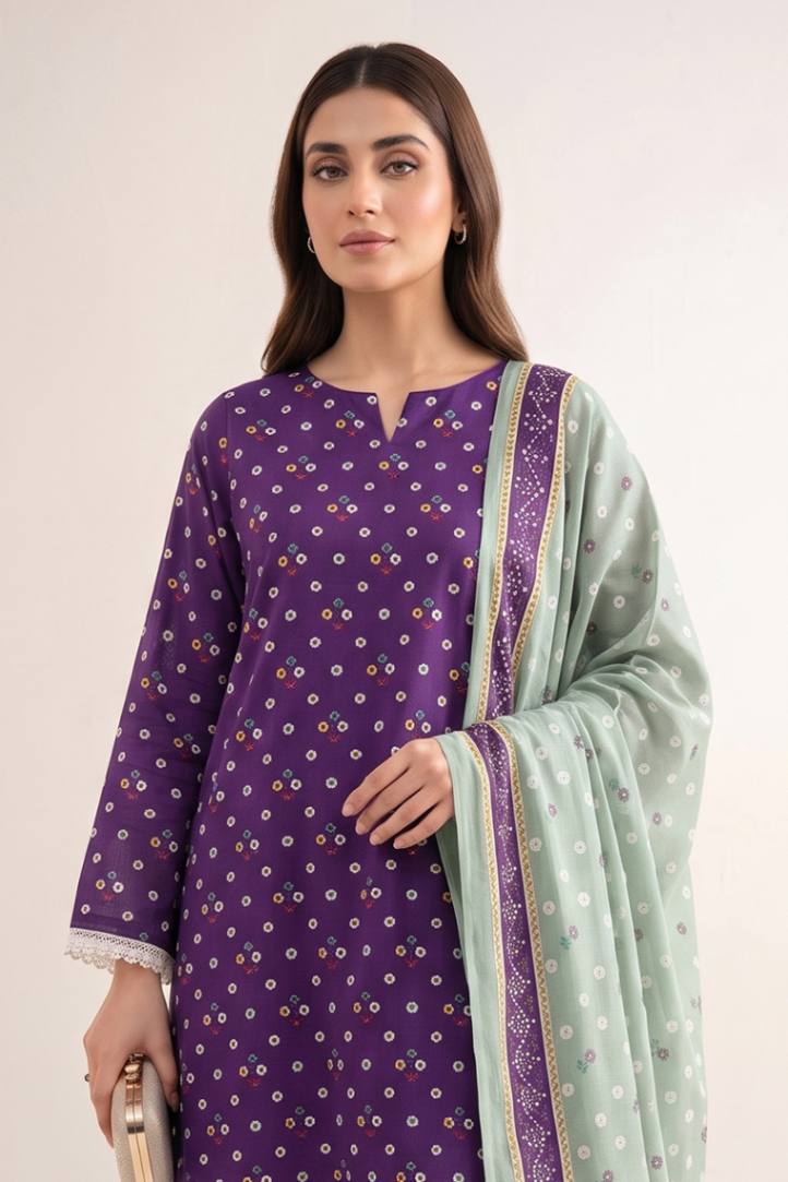 Sapphire Vol.5 - 3PC Unstitched Printed Lawn Suit (Deep Purple & Sage Green)