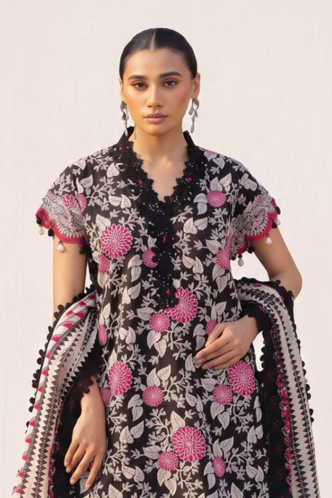 Sapphire Vol.5 - 3PC Unstitched Printed Lawn Suit (Jet Black & Vibrant Hot Pink)