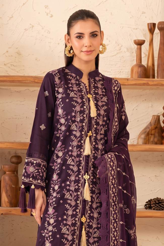 Reveuse By Johra - 3PC Unstitched Embroidered Lawn Suit (Deep Plum)