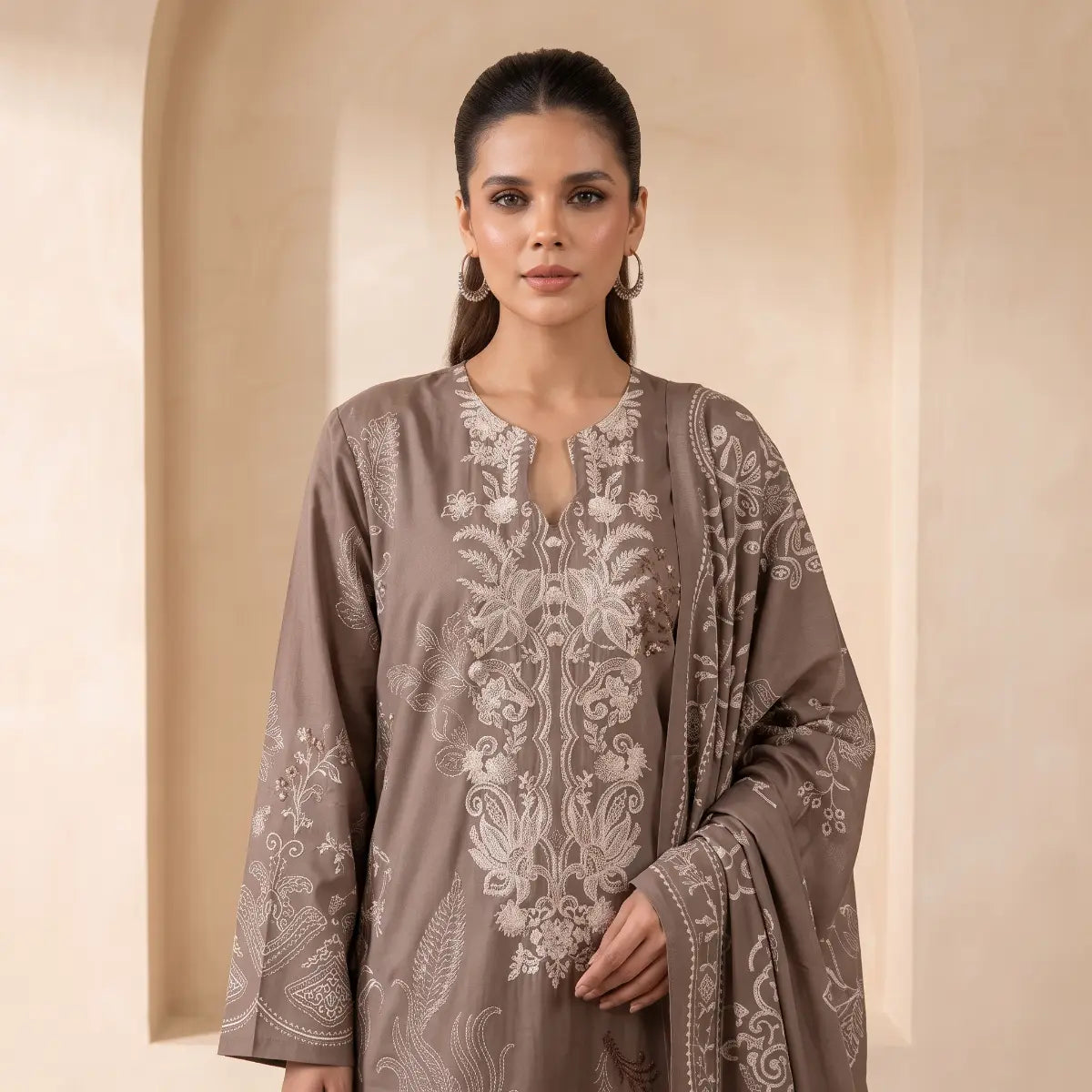 Khaadi 3-Piece Unstitched Embroidered Lawn Suit – Light Brown