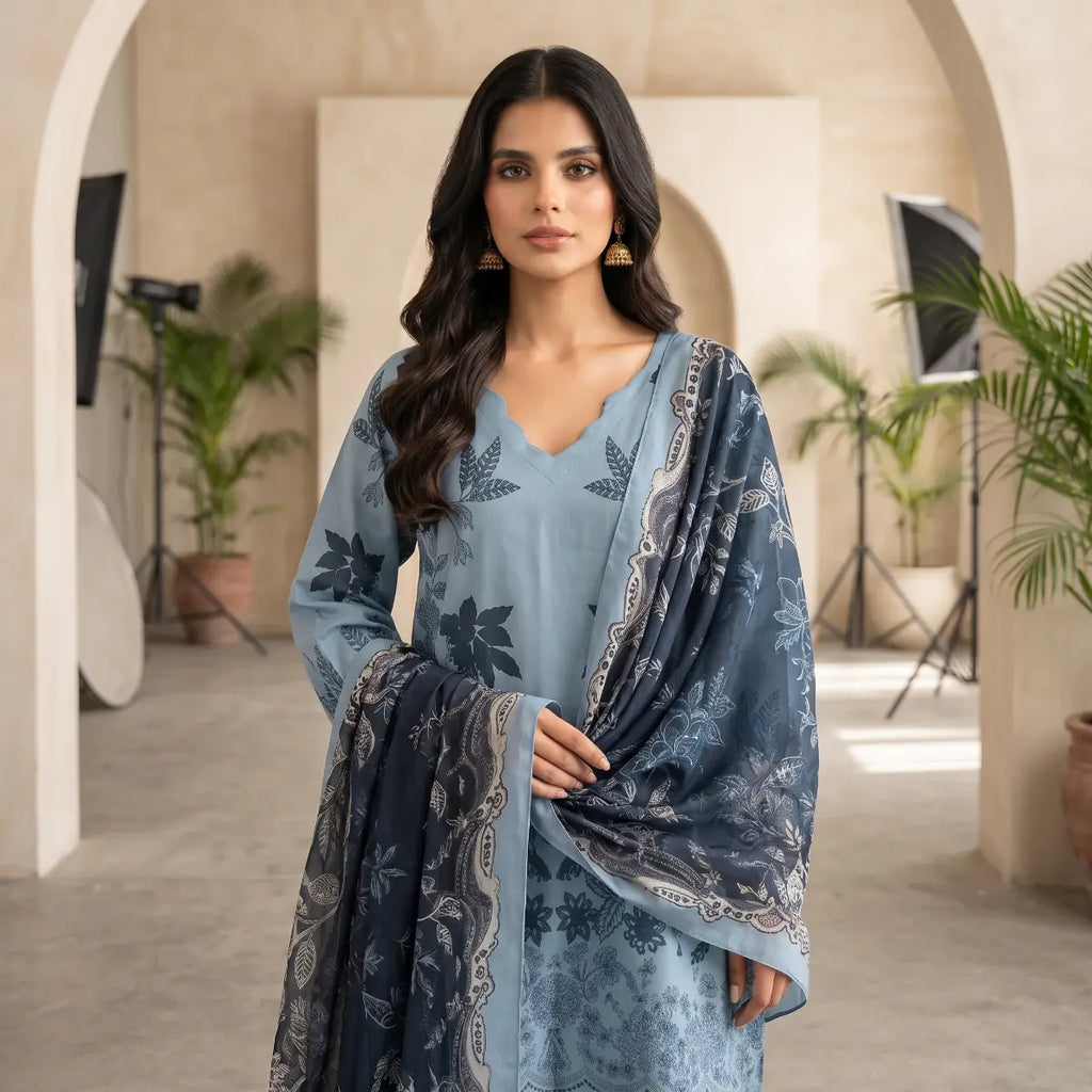 Khaadi 3-Piece Unstitched Embroidered Lawn Suit – Sky Blue