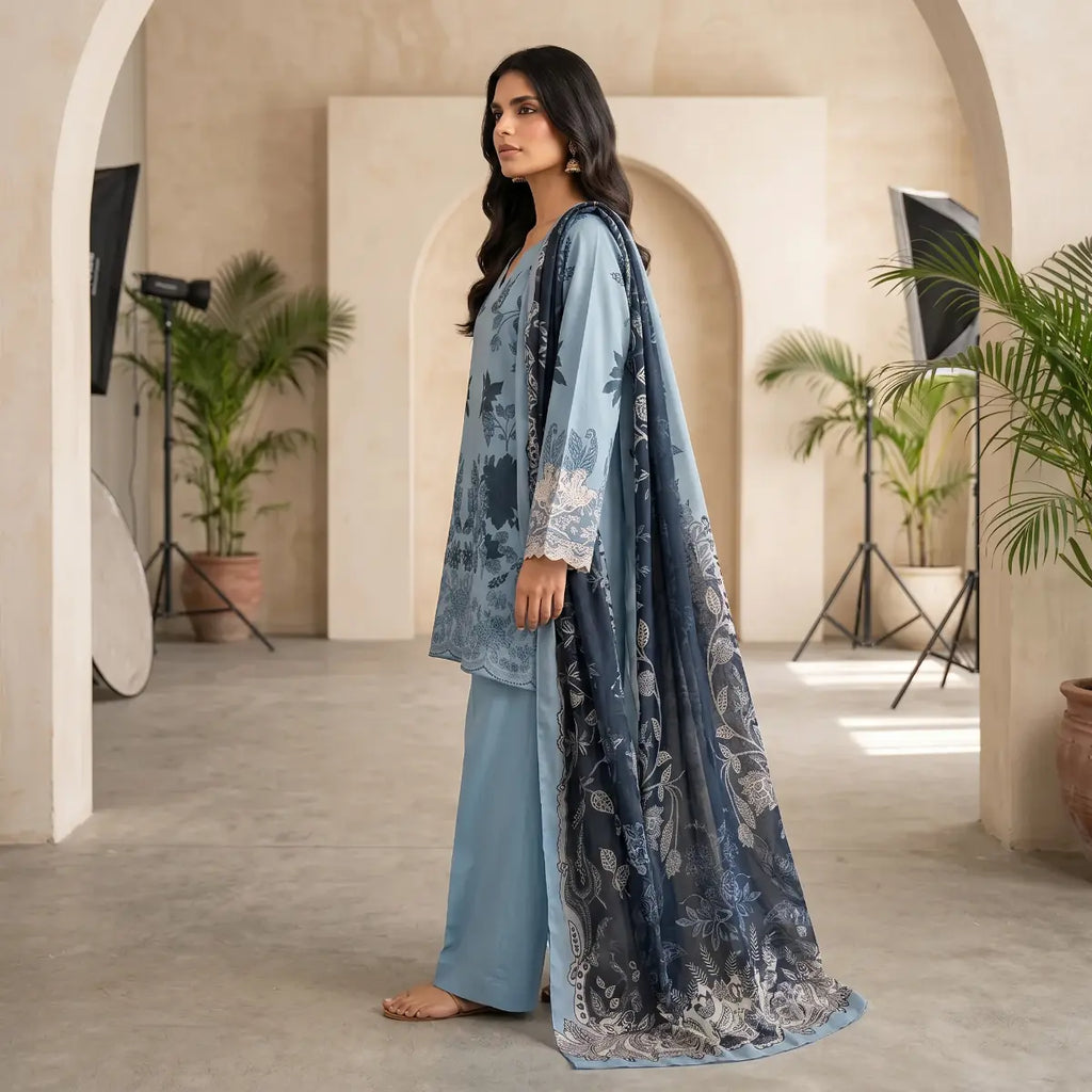 Khaadi 3-Piece Unstitched Embroidered Lawn Suit – Sky Blue