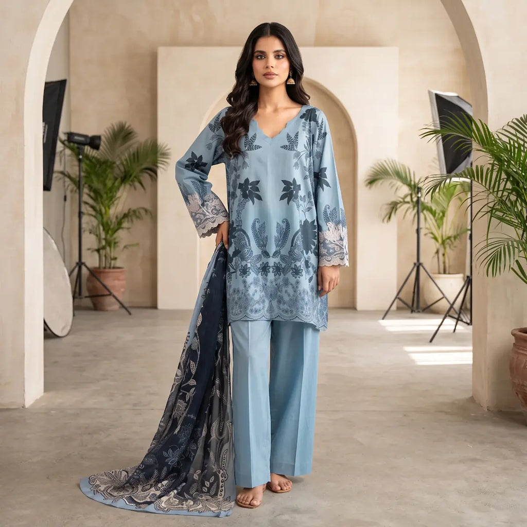 Khaadi 3-Piece Unstitched Embroidered Lawn Suit – Sky Blue