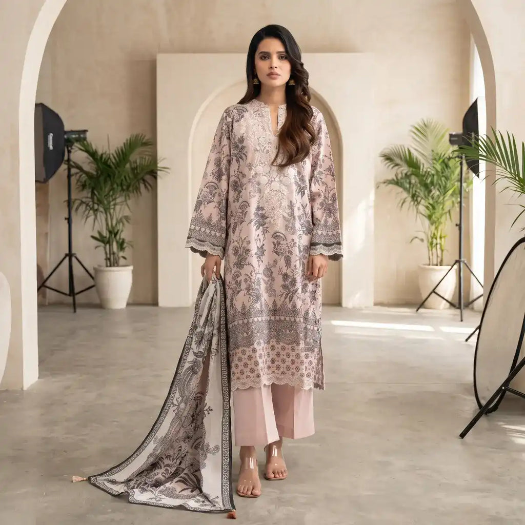 Khaadi 3-Piece Unstitched Embroidered Lawn Suit – Baby Pink