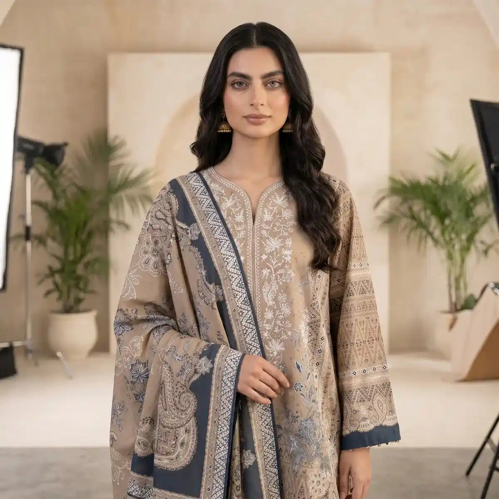 Khaadi 3-Piece Unstitched Embroidered Lawn Suit – Light Coffee