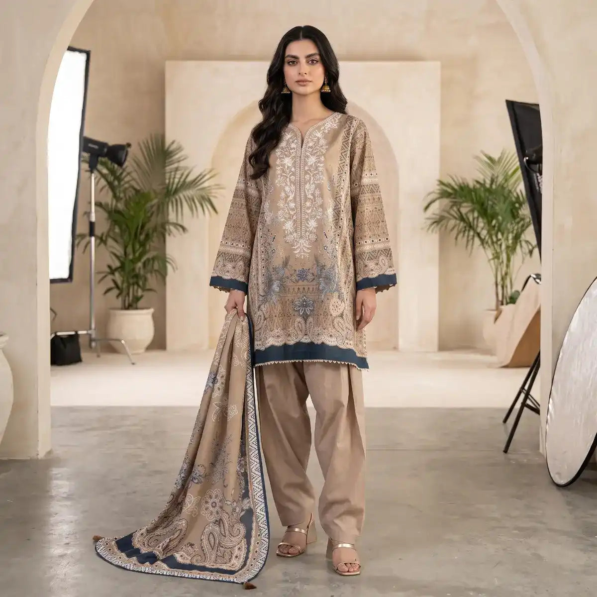 Khaadi 3-Piece Unstitched Embroidered Lawn Suit – Light Coffee