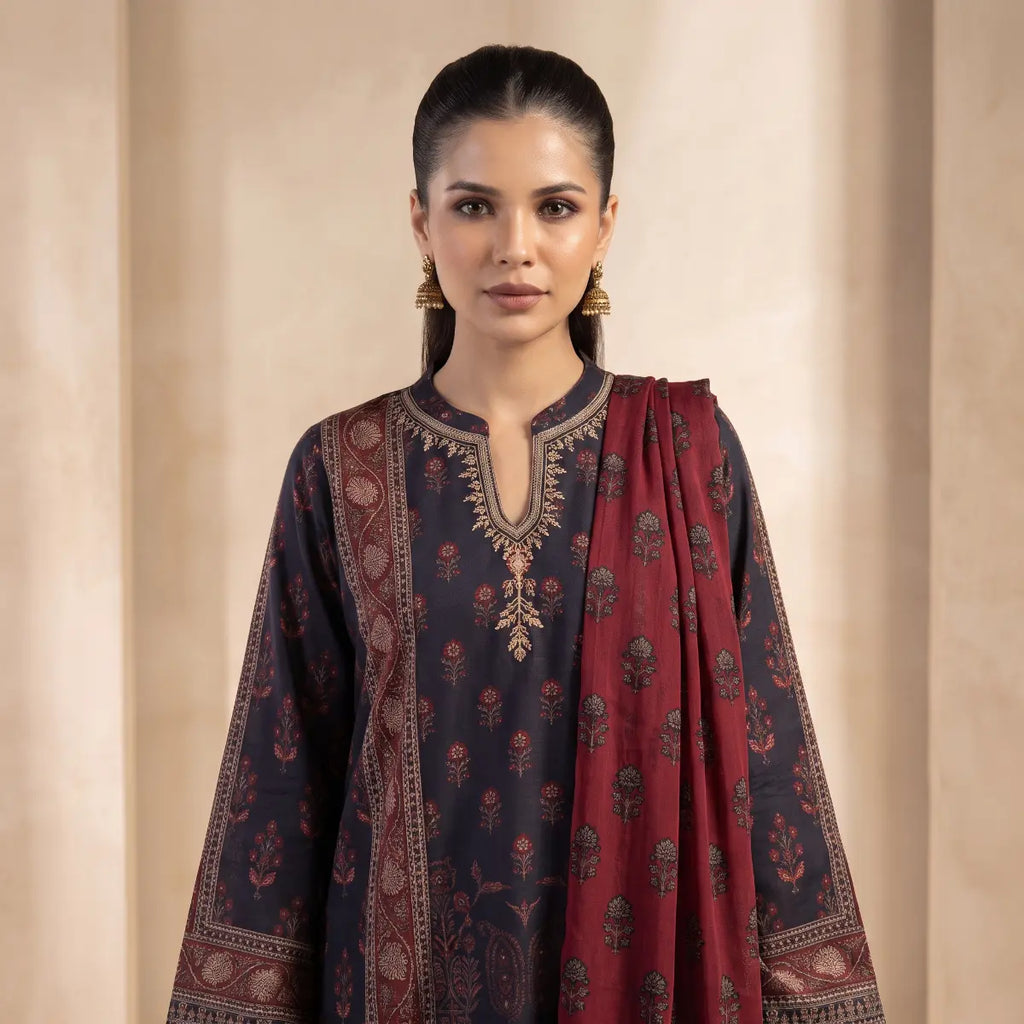 Khaadi 3-Piece Unstitched Embroidered Lawn Suit – Maroon & Black
