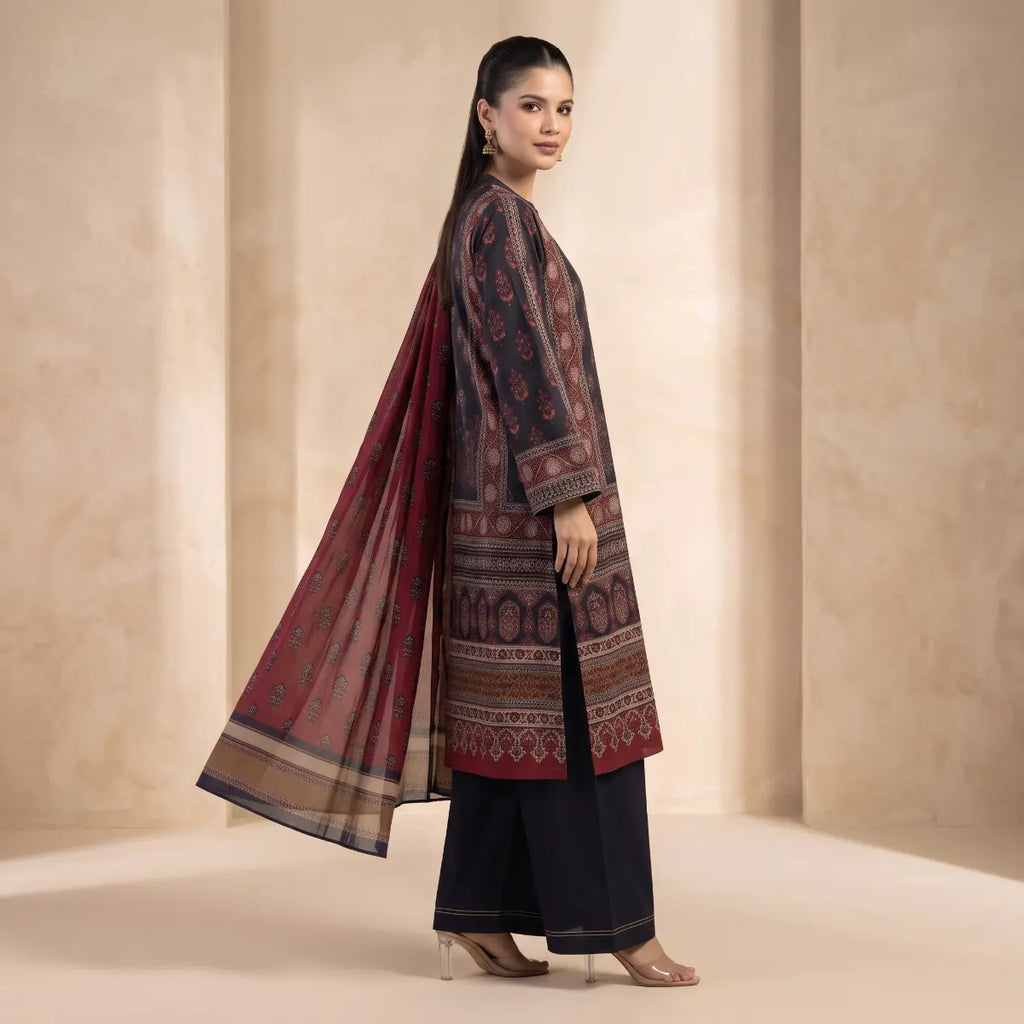Khaadi 3-Piece Unstitched Embroidered Lawn Suit – Maroon & Black