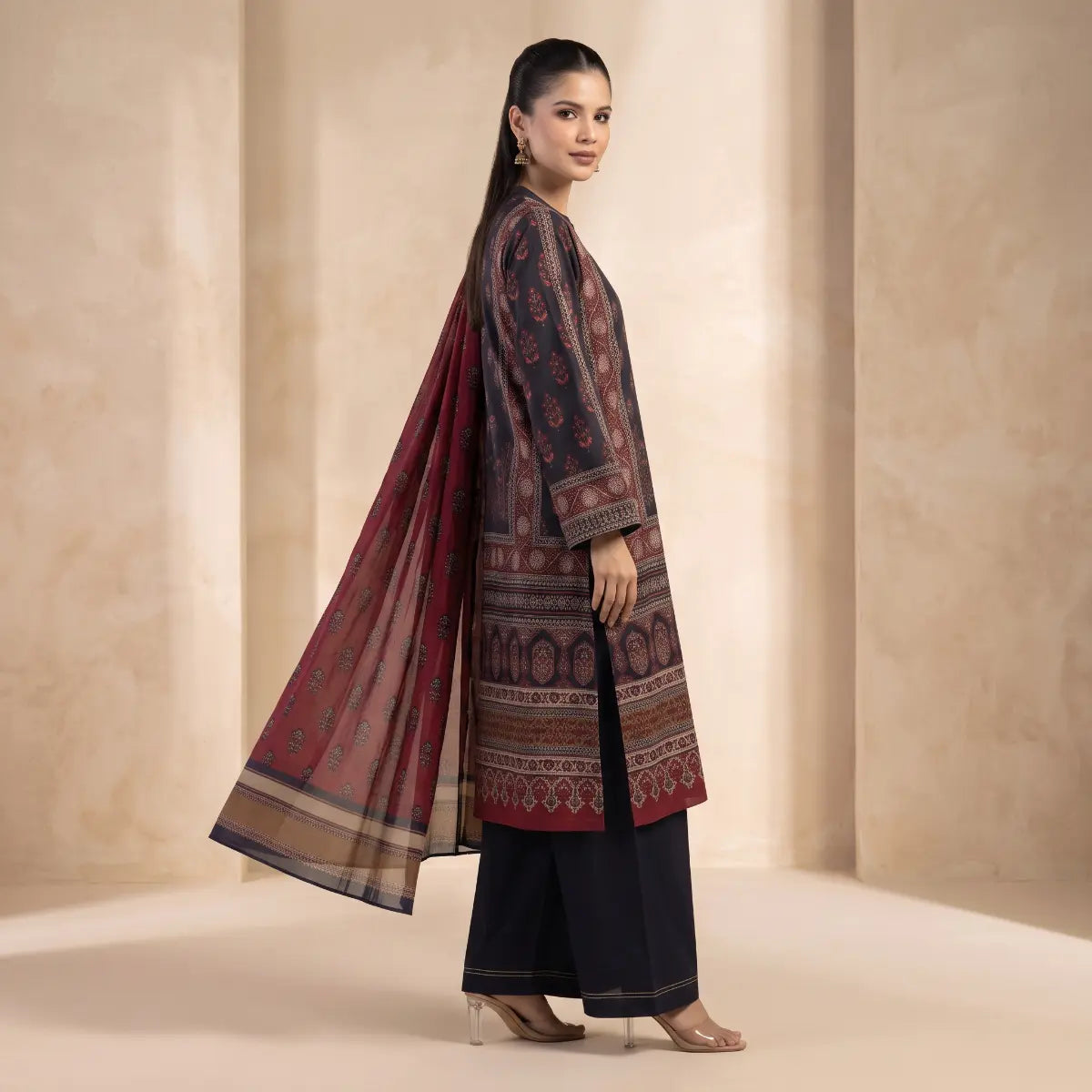 Khaadi 3-Piece Unstitched Embroidered Lawn Suit – Maroon & Black