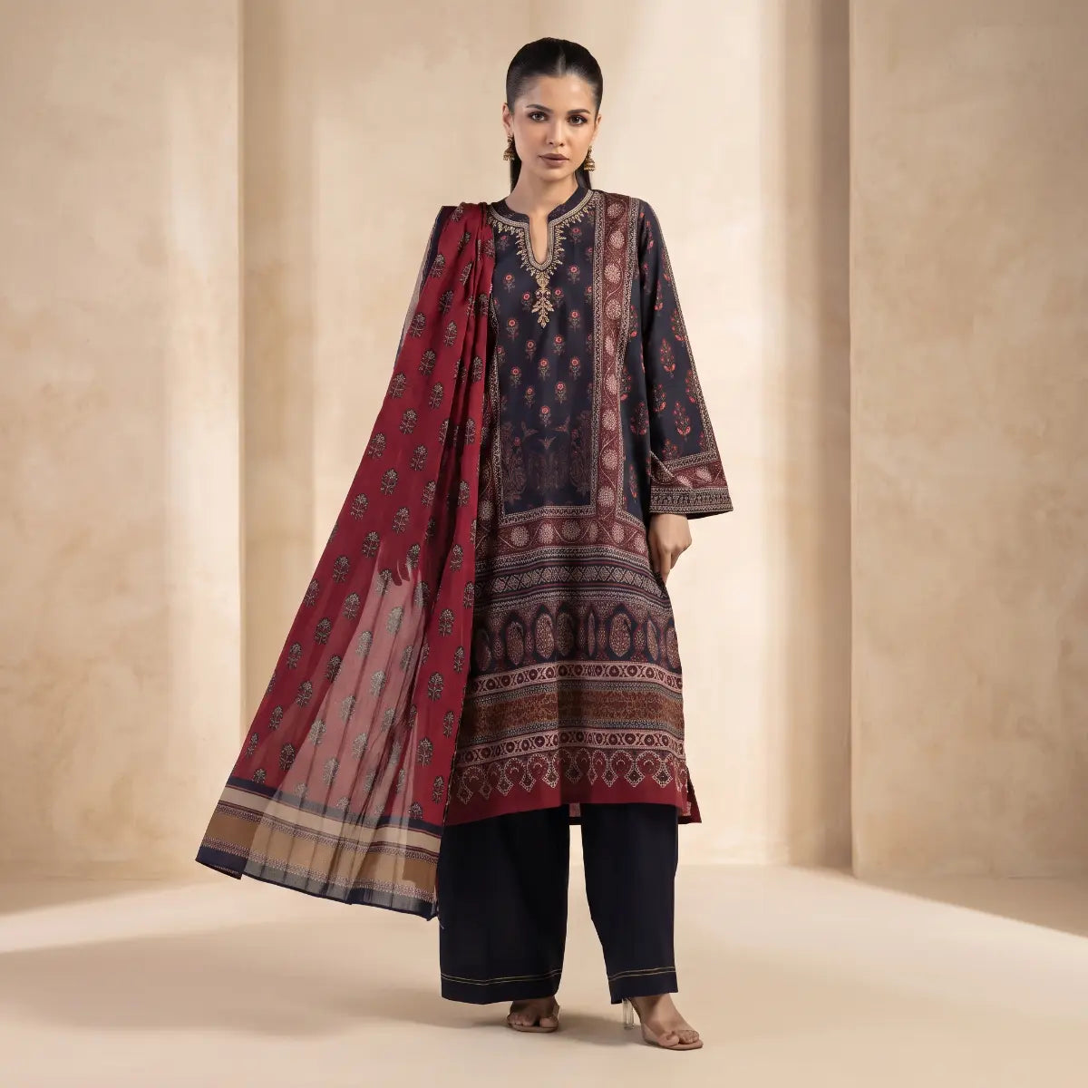 Khaadi 3-Piece Unstitched Embroidered Lawn Suit – Maroon & Black