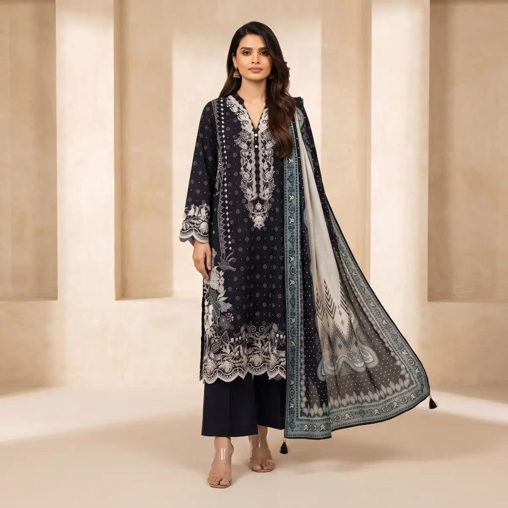 Khaadi 3-Piece Unstitched Embroidered Lawn Suit – Navy Blue