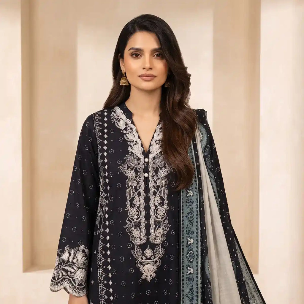 Khaadi 3-Piece Unstitched Embroidered Lawn Suit – Navy Blue