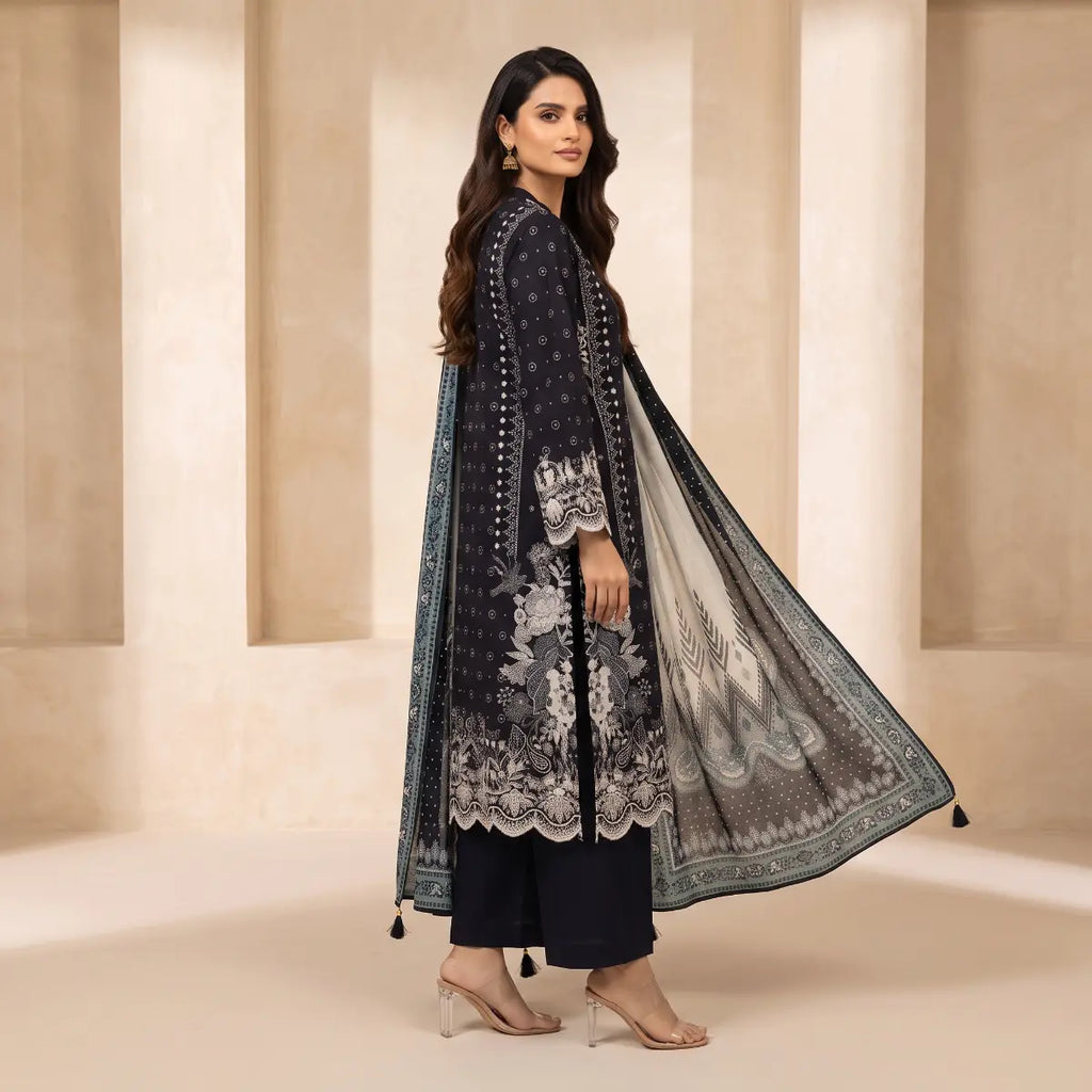Khaadi 3-Piece Unstitched Embroidered Lawn Suit – Navy Blue