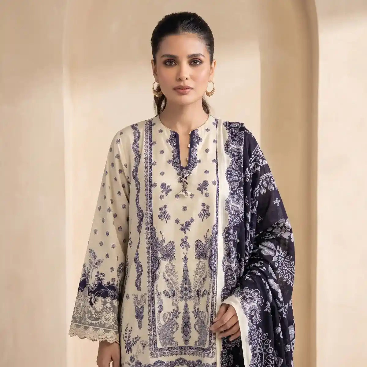 Khaadi 3-Piece Unstitched Embroidered Lawn Suit – Ivory Cream