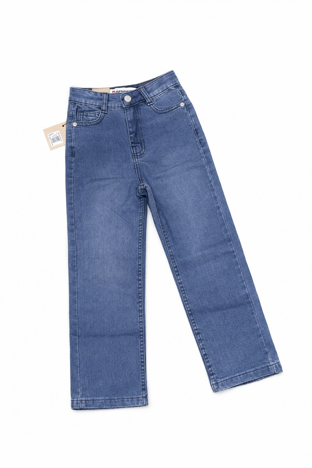 Blue jeans with a tag on a white background