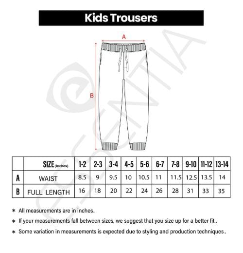 Measurement chart for kids' trousers with size chart and waist/full length dimensions.