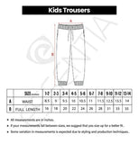 Measurement chart for kids' trousers with size chart and waist/full length dimensions.