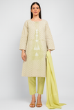 Woman wearing a light green kurta with matching pants and a yellow dupatta on a white background