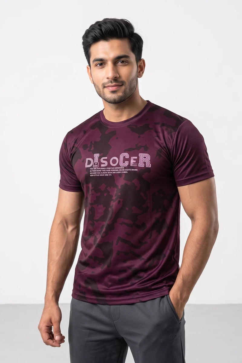 Fashion - Discover Men’s Dry Fit Printed Crew Neck T-Shirt ( Maroon )
