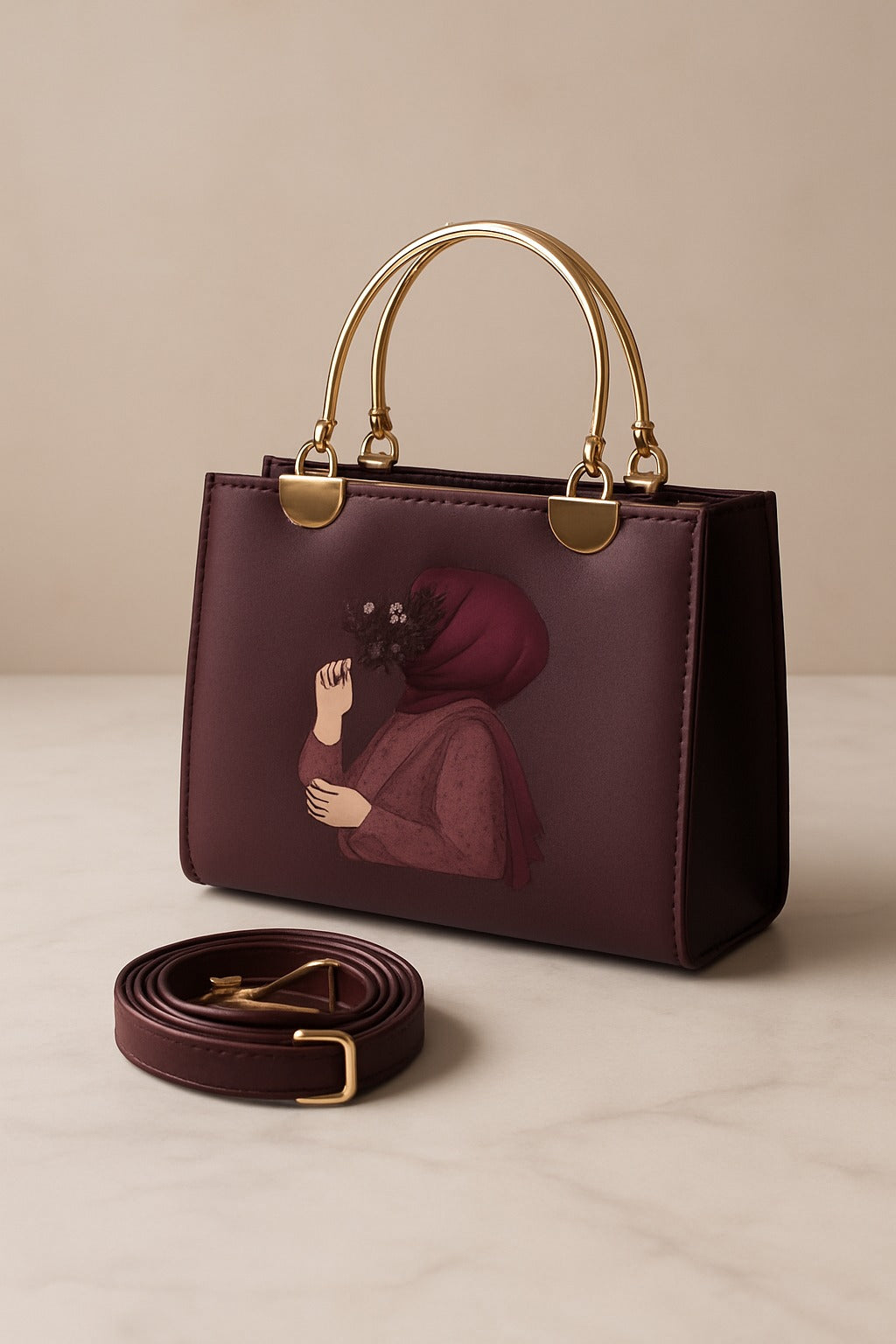 maroon handbag with gold accents and a matching strap on a beige background