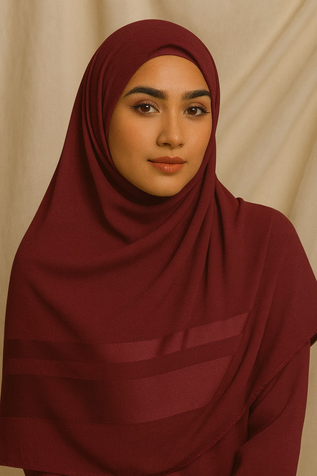 Woman wearing a maroon hijab against a beige background