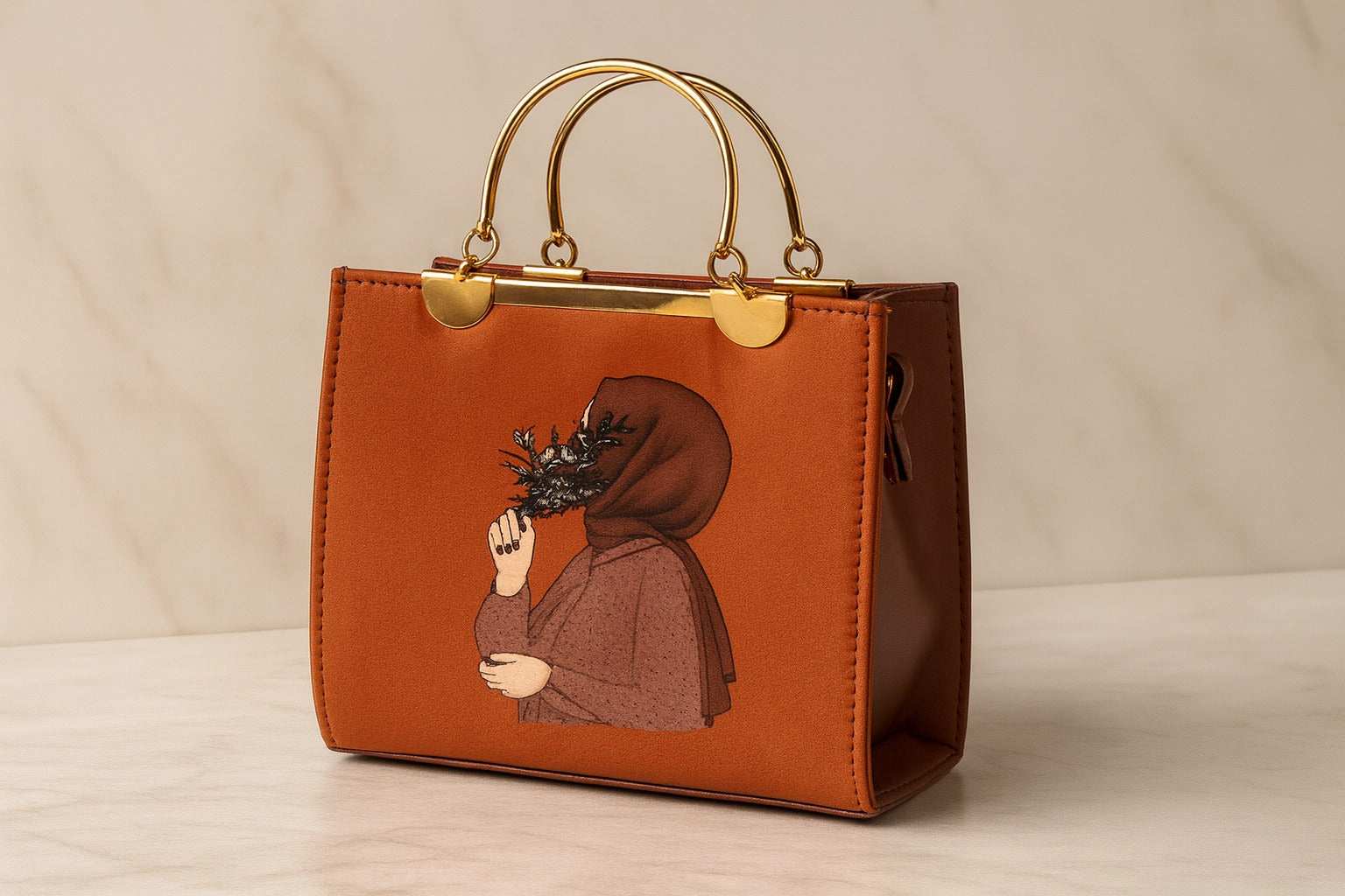 masturd handbag with a decorative design on a beige background