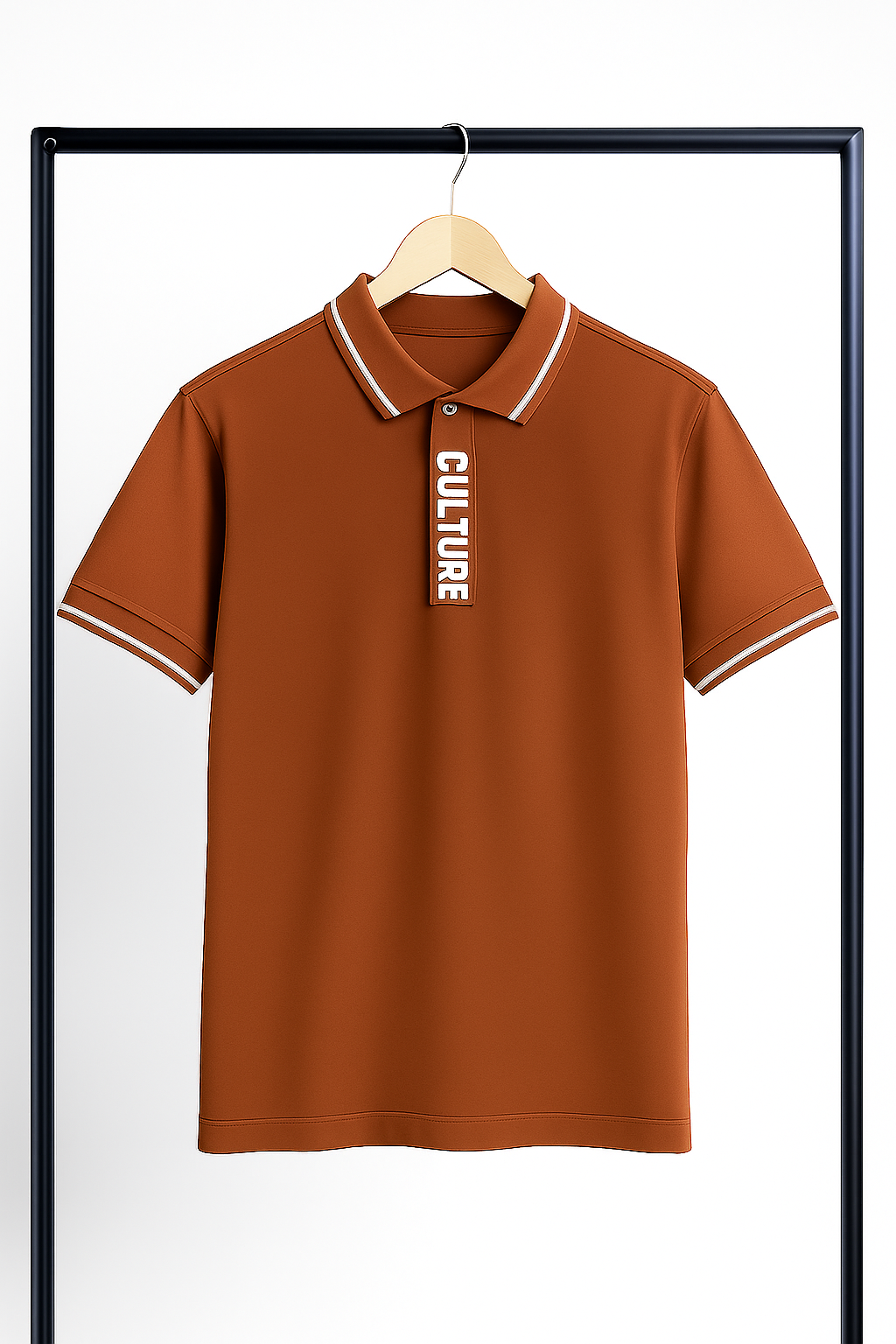 mustard polo shirt with 'CULTURE' text on a hanger against a white background