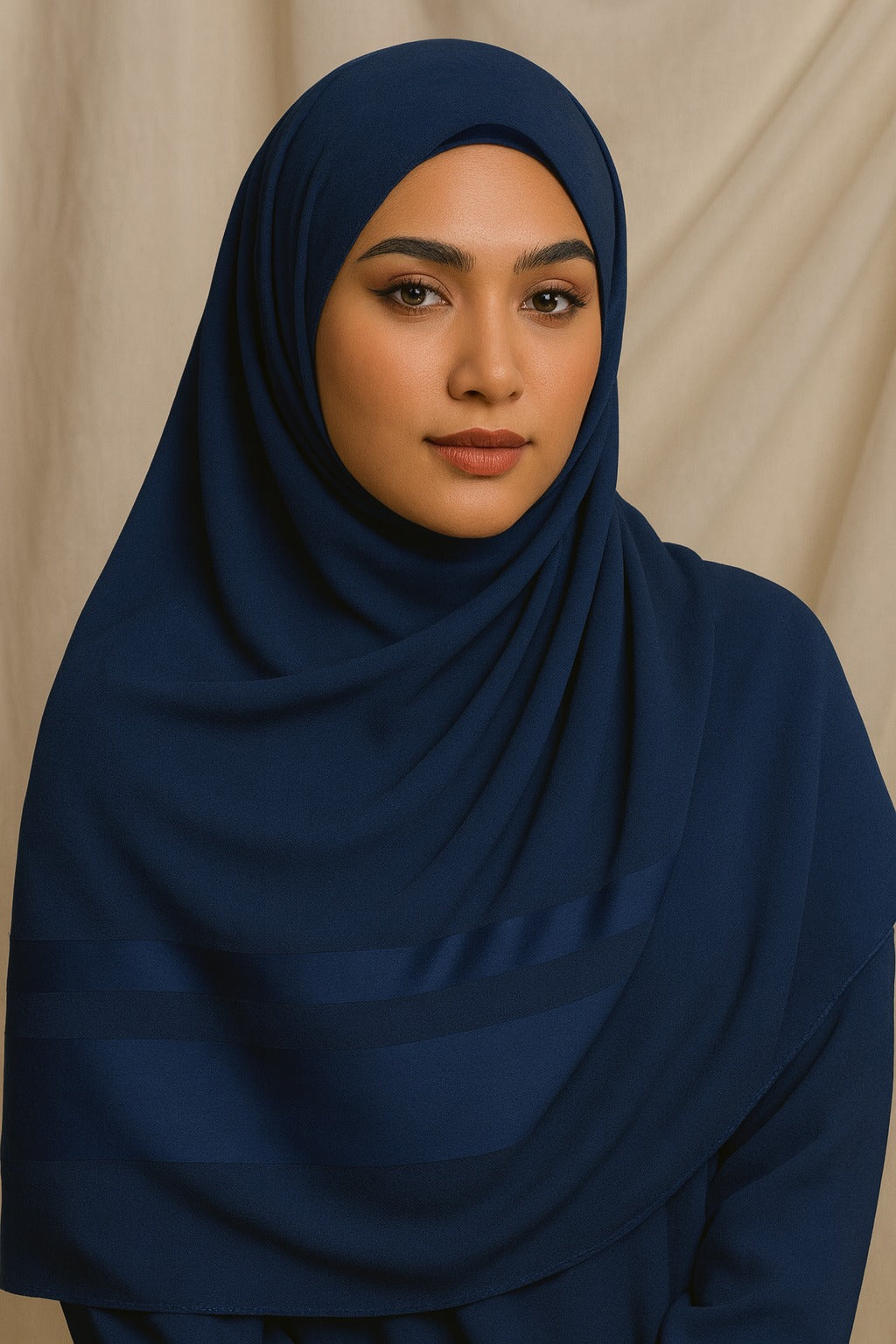 Woman wearing a navy blue hijab against a beige background
