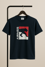 navyt-shirt with a graphic design on a beige background