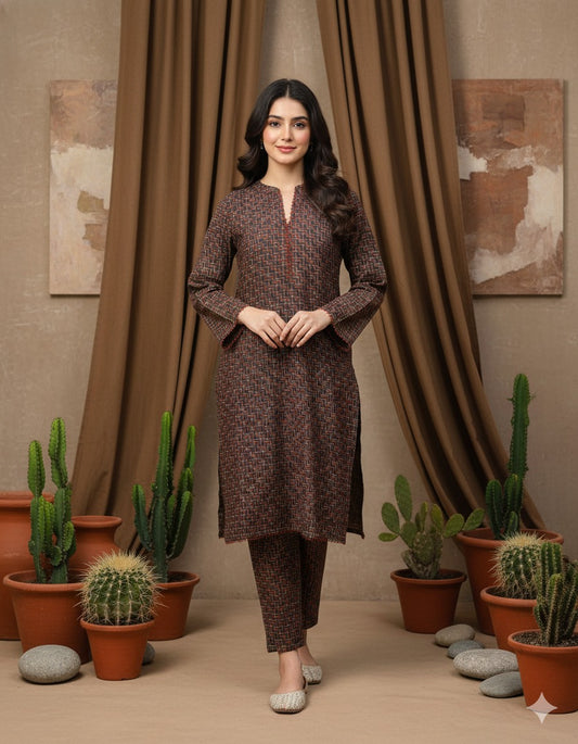Woman in a brown patterned outfit standing in front of a curtain with potted cacti.