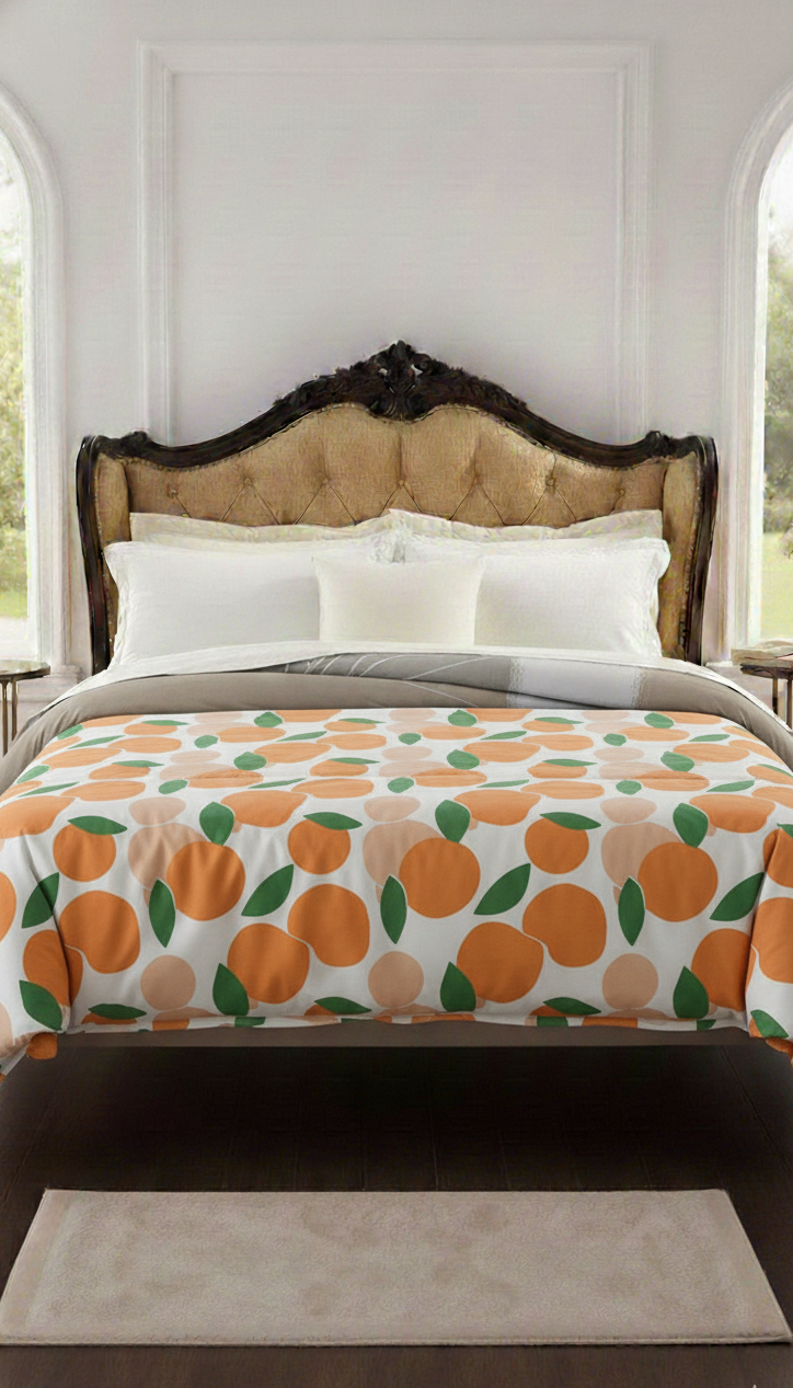 Bed with an orange patterned comforter in a bedroom setting