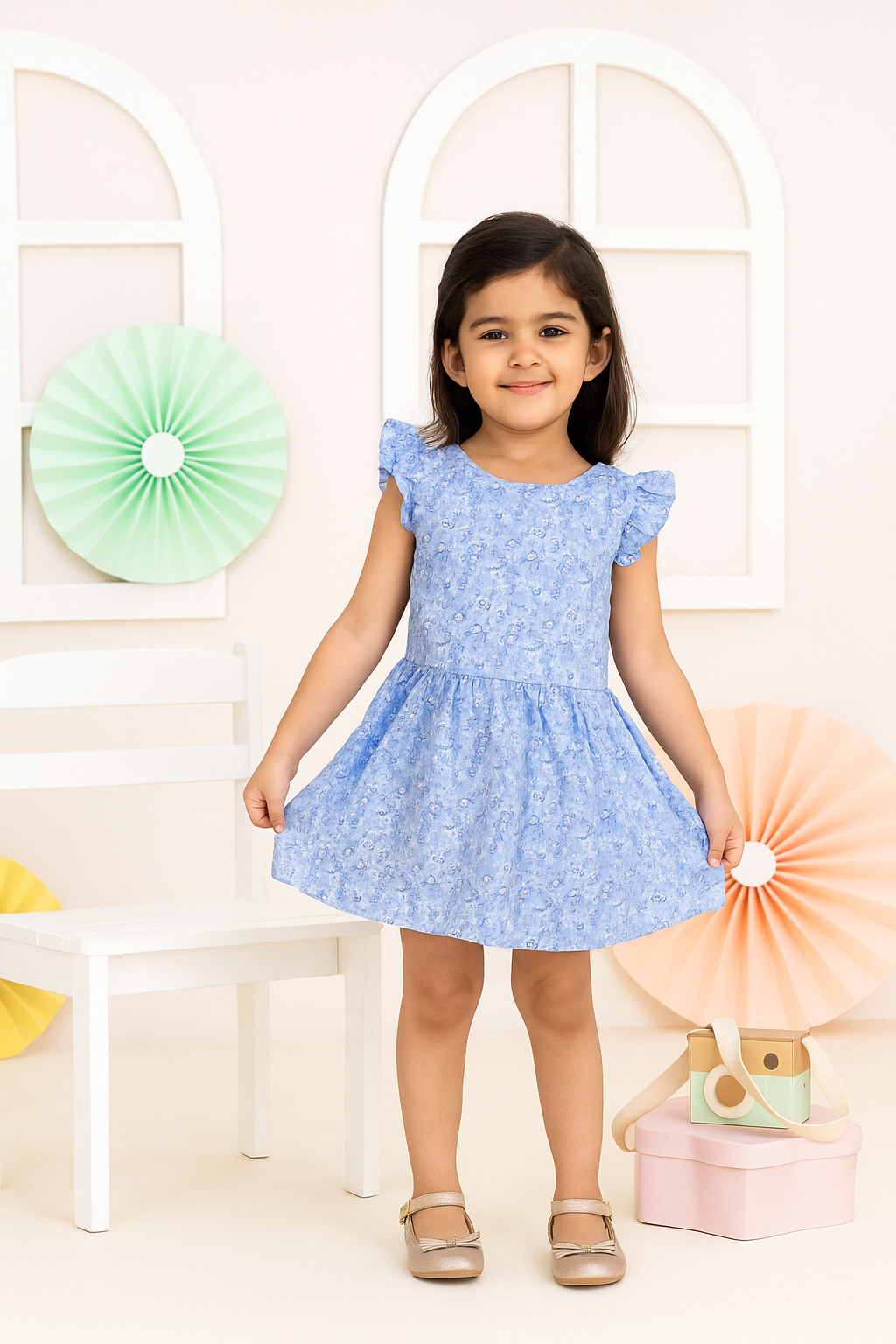 Young girl in a blue top standing in front of decorative items