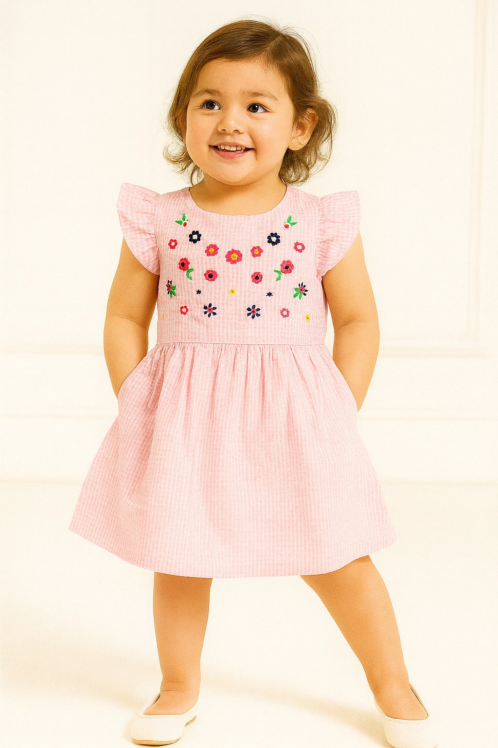Young girl wearing a pink dress with floral embroidery on a white background