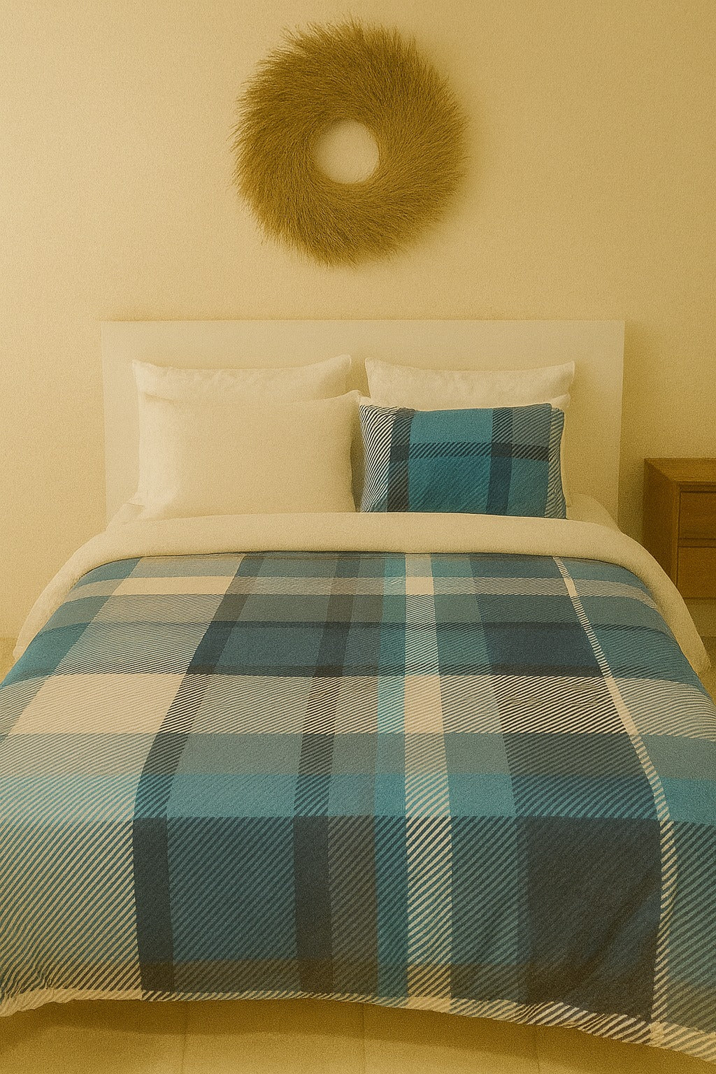 Bed with plaid comforter and decorative pillow against a beige wall with a decorative wreath.