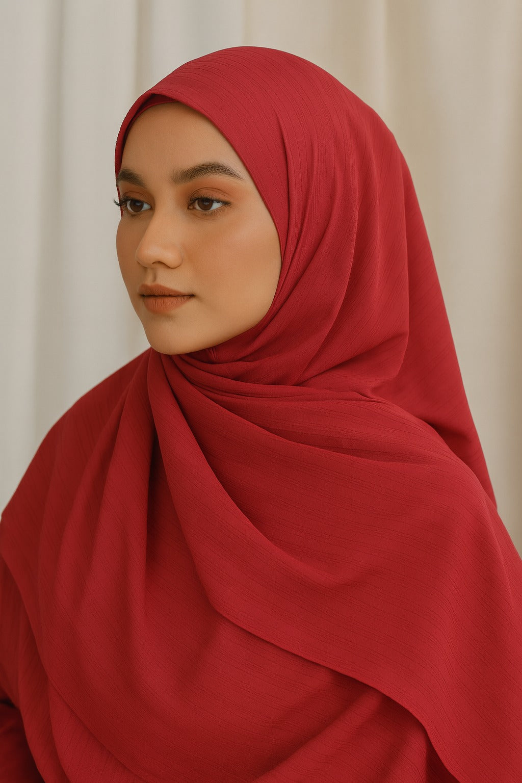 Person wearing a red hijab against a plain background