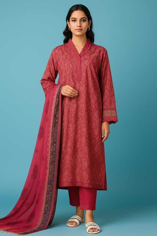 Woman wearing a red traditional outfit with a blue background