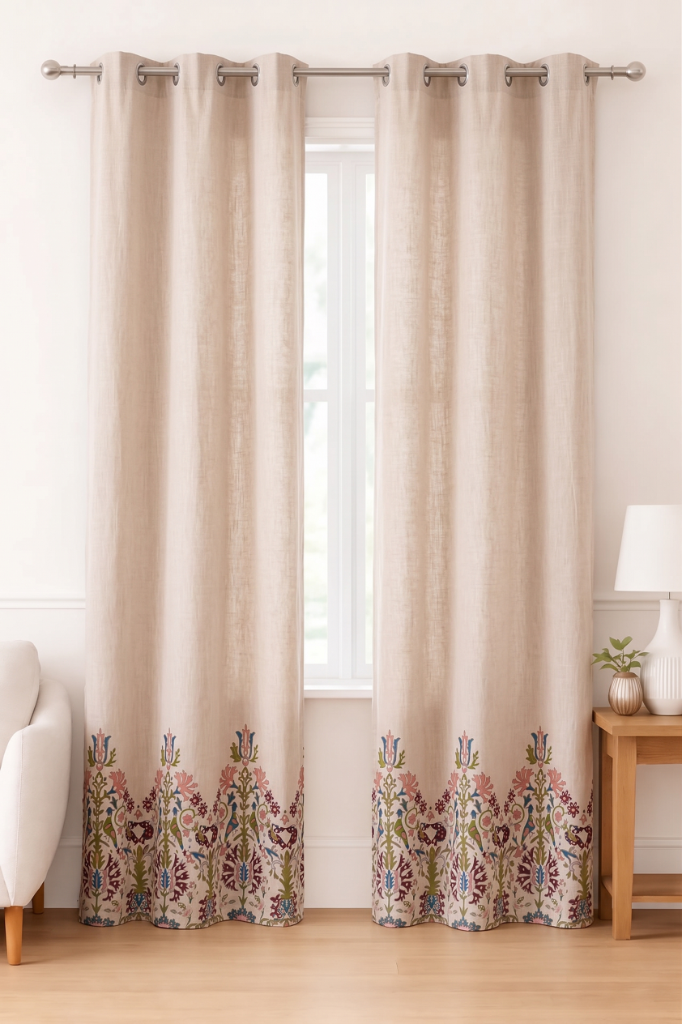 Elegant Light brown Floral Pattern Curtain – 8 Rings | Premium Cotton