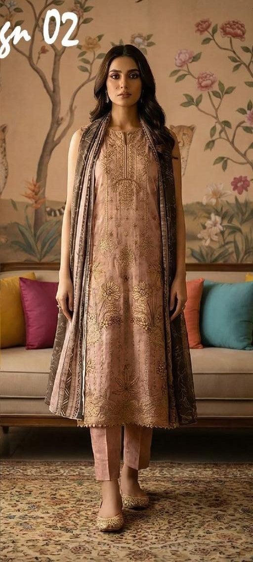 Rimal by UK Vol-22 3PC Unstitched Embroidered Lawn Suit (Gold)