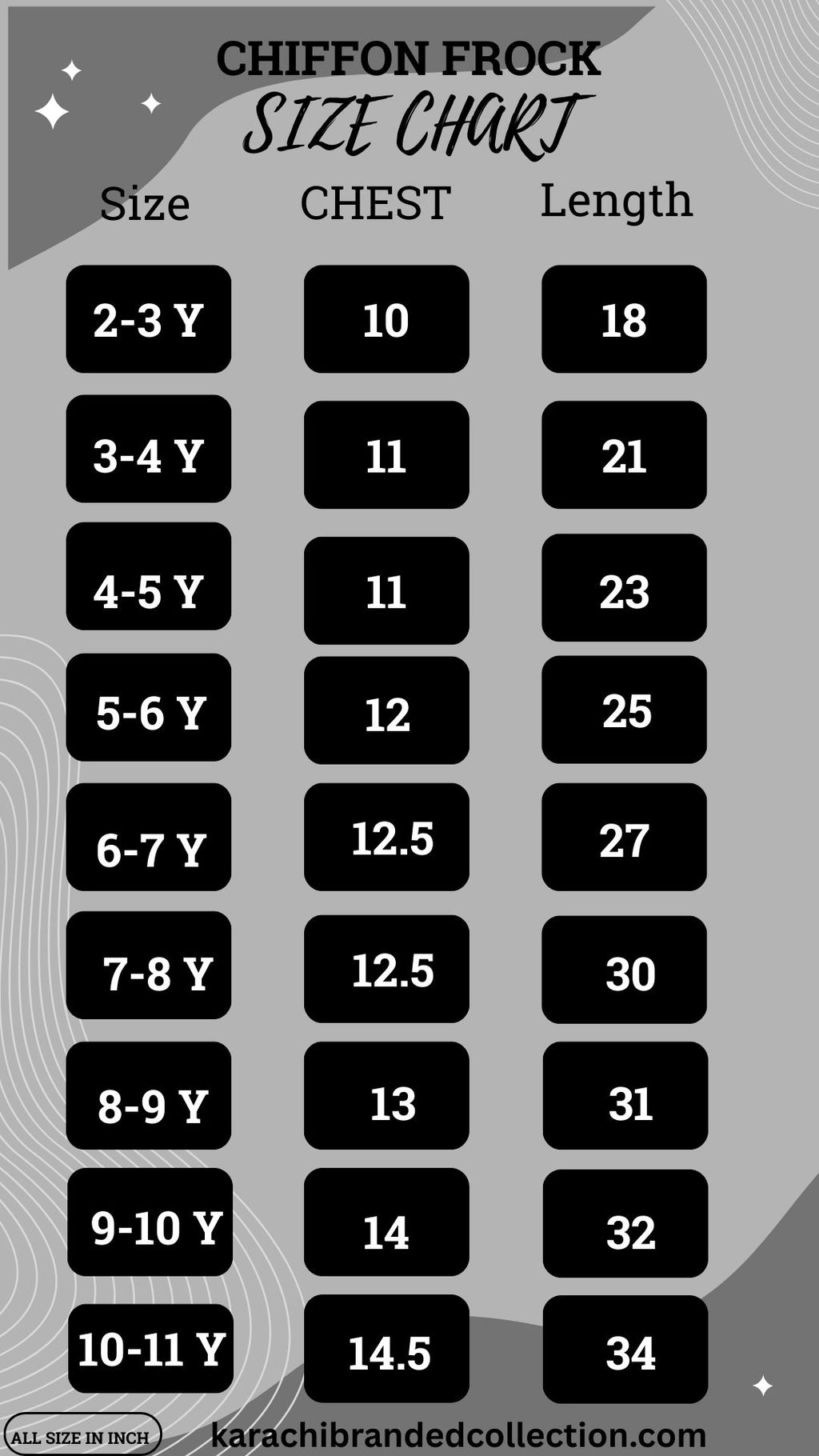 Chiffon frock size chart with chest and length measurements for children.