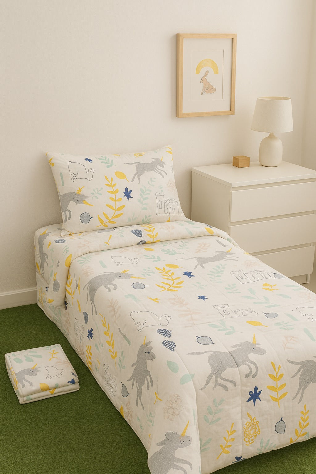 Children's dinosaur-themed bed set on a bed in a room with a lamp and nightstand.